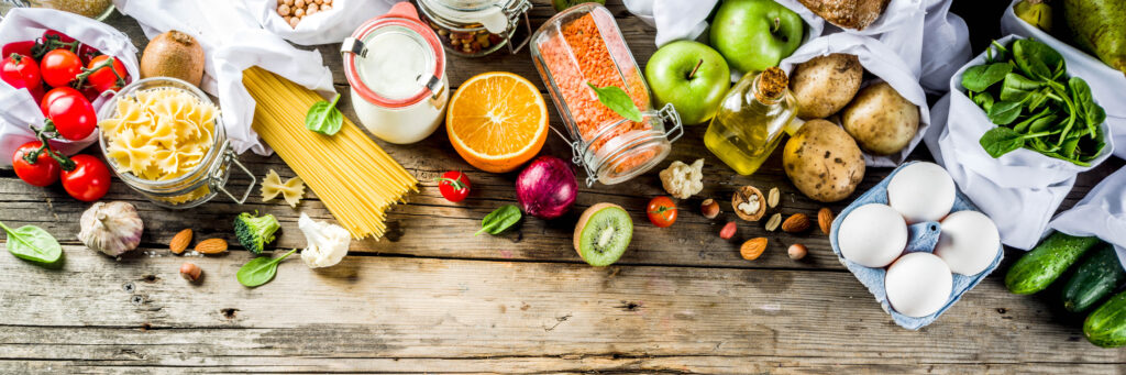 Counter full of groceries.